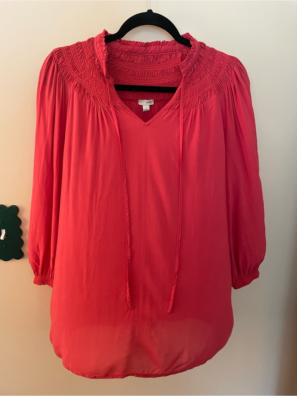 Anthropologie Women's V-Neck Smocked Yoke Blouse - Coral Pink